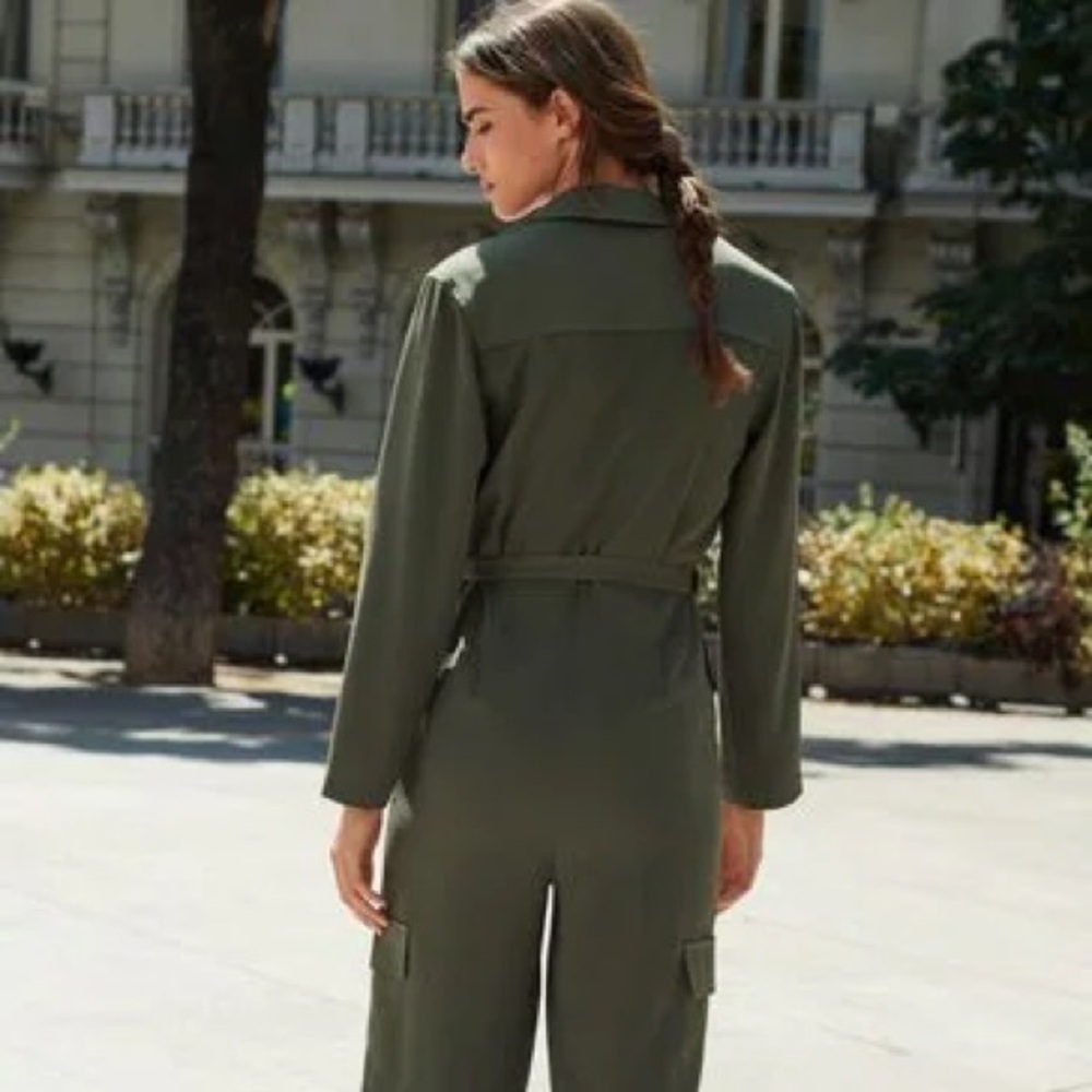LOFT Olive Green Jumpsuit Army Boiler Suit 1pc Tie Belt Long Sleeve Pants M